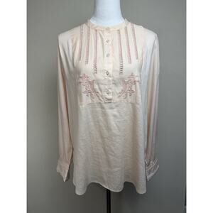 Loft Women’s Blouse Top Tunic M Pale Peach Long Sleeve Crochet Embroidered